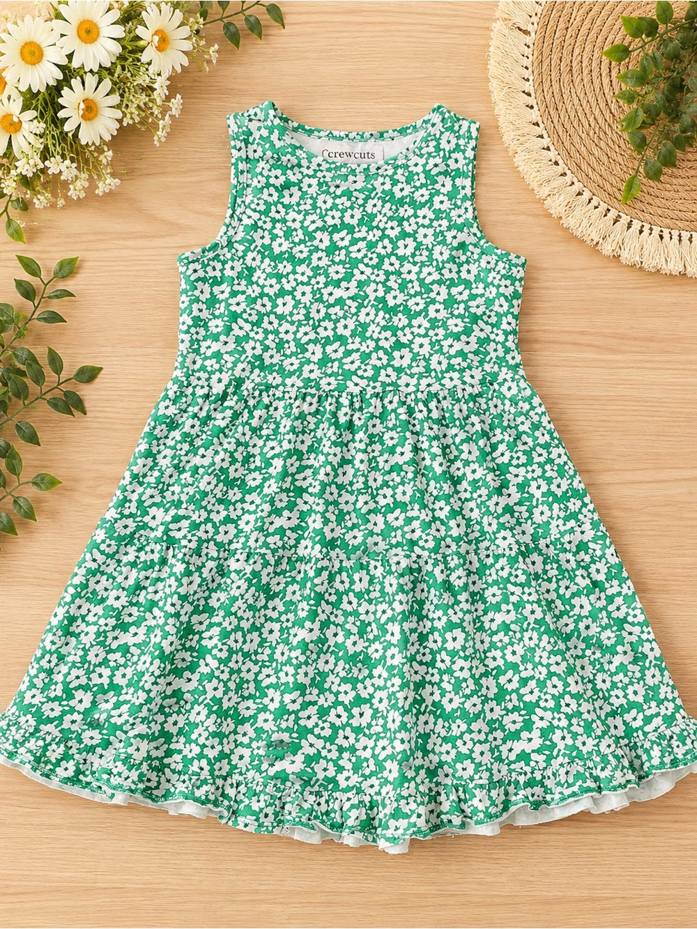 Crewcuts Girls Green Floral Tiered Dress Size 6 Sleeveless Cotton